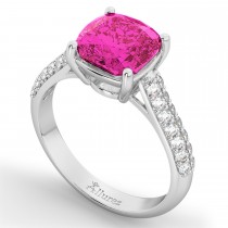 Cushion Cut Pink Tourmaline & Diamond Ring 14k White Gold (4.42ct)