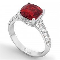 Cushion Cut Ruby & Diamond Engagement Ring 14k White Gold (4.42ct)