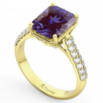 Emerald-Cut Lab Alexandrite & Diamond Engagement Ring 18k Yellow Gold (5.54ct)