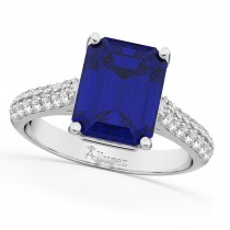 Emerald-Cut Blue Sapphire & Diamond Ring 18k White Gold (5.54ct)