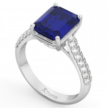 Emerald-Cut Blue Sapphire & Diamond Ring 18k White Gold (5.54ct)