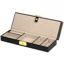 WOLF Heritage Long, Sleek Jewelry Box in Black Faux Leather with Key Lock Closure