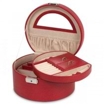 WOLF Heritage Women's Round Red Faux Leather Jewelry Box w/ Mirror Travel Organizer