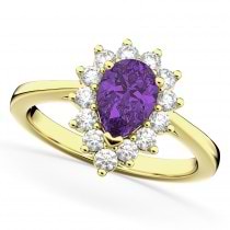 Halo Amethyst & Diamond Floral Pear Shaped Fashion Ring 14k Yellow Gold (1.07ct)