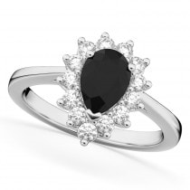 Halo Pear Shape Black Diamond Engagement Ring 14k White Gold (1.12ct)