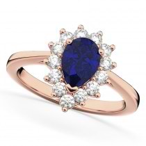 Halo Blue Sapphire & Diamond Floral Pear Shaped Fashion Ring 14k Rose Gold (1.27ct)