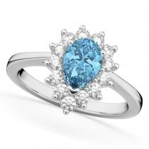 Halo Blue Topaz & Diamond Floral Pear Shaped Fashion Ring 14k White Gold (1.42ct)