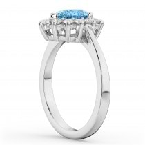 Halo Blue Topaz & Diamond Floral Pear Shaped Fashion Ring 14k White Gold (1.42ct)