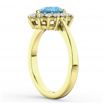 Halo Blue Topaz & Diamond Floral Pear Shaped Fashion Ring 14k Yellow Gold (1.42ct)