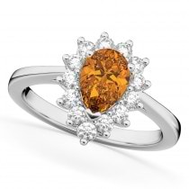 Halo Citrine & Diamond Floral Pear Shaped Fashion Ring 14k White Gold (1.07ct)