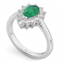 Halo Emerald & Diamond Floral Pear Shaped Fashion Ring 14k White Gold (1.12ct)