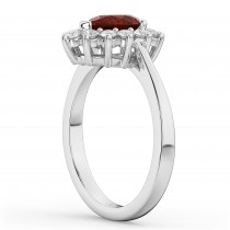 Halo Garnet & Diamond Floral Pear Shaped Fashion Ring 14k White Gold (1.42ct)