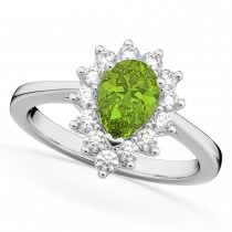 Halo Peridot & Diamond Floral Pear Shaped Fashion Ring 14k White Gold (1.12ct)