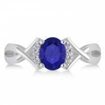 Oval Cut Blue Sapphire & Diamond Engagement Ring With Split Shank 14k White Gold (1.69ct)