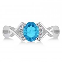 Oval Cut Blue Topaz & Diamond Engagement Ring With Split Shank 14k White Gold (1.69ct)