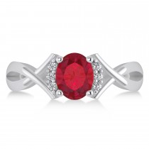 Oval Cut Ruby & Diamond Engagement Ring With Split Shank 14k White Gold (1.69ct)