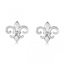 Fleur De Lis Stud Earrings in Plain Metal 14k White Gold