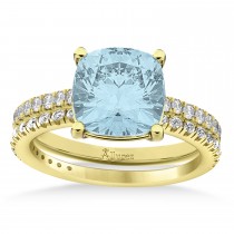 Aquamarine & Diamond Cushion-Set Semi-Eternity Bridal Set 14K Yellow Gold (3.22ct)