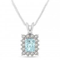 Emerald Shape Aquamarine & Diamond Pendant Necklace 14k White Gold (2.50ct)