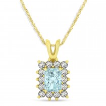 Emerald Shape Aquamarine & Diamond Pendant Necklace 14k Yellow Gold (2.50ct)