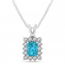 Emerald Shape Blue Diamond & Diamond Pendant Necklace 14k White Gold (3.00ct)