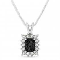 Emerald Shape Black Diamond & Diamond Pendant Necklace 14k White Gold (3.00ct)