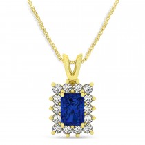 Emerald Shape Blue Sapphire & Diamond Pendant Necklace 14k Yellow Gold (2.80ct)