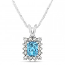 Emerald Shape Blue Topaz & Diamond Pendant Necklace 14k White Gold (3.90ct)