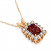 Emerald Shape Garnet & Diamond Pendant Necklace 14k Rose Gold (3.00ct)
