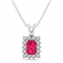 Emerald Shape Ruby & Diamond Pendant Necklace 14k White Gold (2.80ct)