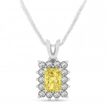 Emerald Shape Yellow Diamond & Diamond Pendant Necklace 14k White Gold (3.00ct)