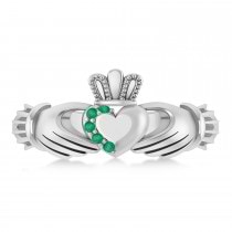Emerald Claddagh Ladies Ring 14k White Gold (0.05ct)