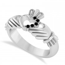 Black Diamond Claddagh Ladies Ring with Hollow Heart 14k White Gold (0.05ct)