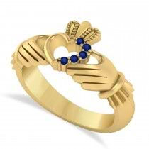 Blue Sapphire Claddagh Ladies Ring with Hollow Heart 14k Yellow Gold (0.05ct)