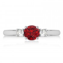 Round Ruby & Diamond Three-Stone Engagement Ring 14k White Gold (0.89ct)