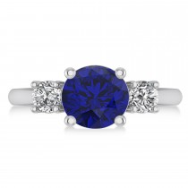 Round 3-Stone Blue Sapphire & Diamond Engagement Ring 14k White Gold (2.50ct)