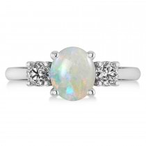 Oval & Round 3-Stone Opal & Diamond Engagement Ring 14k White Gold (3.00ct)