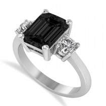 Emerald & Round 3-Stone Black & White Diamond Engagement Ring 14k White ...