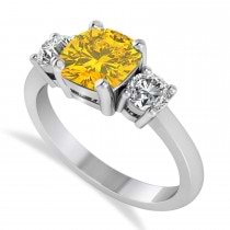 Cushion & Round 3-Stone Yellow Sapphire & Diamond Engagement Ring 14k White Gold (2.50ct)