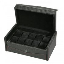 Men's Ten Watch Box Case & Removable Trays in Black w/ Red Stitching