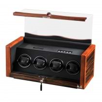 Rustic Ebony Rosewood Wooden Four Watch Winder & Black Leather Interior