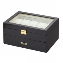10 Watch Box w/ Pen & Cufflink Storage in Black Wood