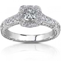 Vintage Style Princess Cut Diamond Engagement Ring 14K W Gold 0.75ct