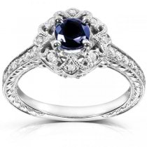 Antique Style Sapphire and Diamond Cocktail Ring 14k White Gold 0.75ct