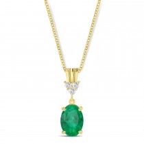 Oval Shape Emerald & Diamond Pendant Necklace 14k Yellow Gold (0.90ct)