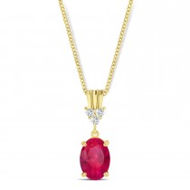 Oval Shape Ruby & Diamond Pendant Necklace 14k Yellow Gold (1.10ct)