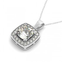 Diamond Halo Cushion Pendant Necklace 14k White Gold (1.48ct)