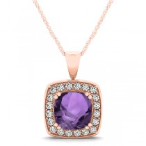 Amethyst & Diamond Halo Cushion Pendant Necklace 14k Rose Gold (1.65ct)