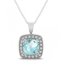 Aquamarine & Diamond Halo Cushion Pendant Necklace 14k White Gold (1.46ct)