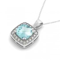 Aquamarine & Diamond Halo Cushion Pendant Necklace 14k White Gold (1.46ct)